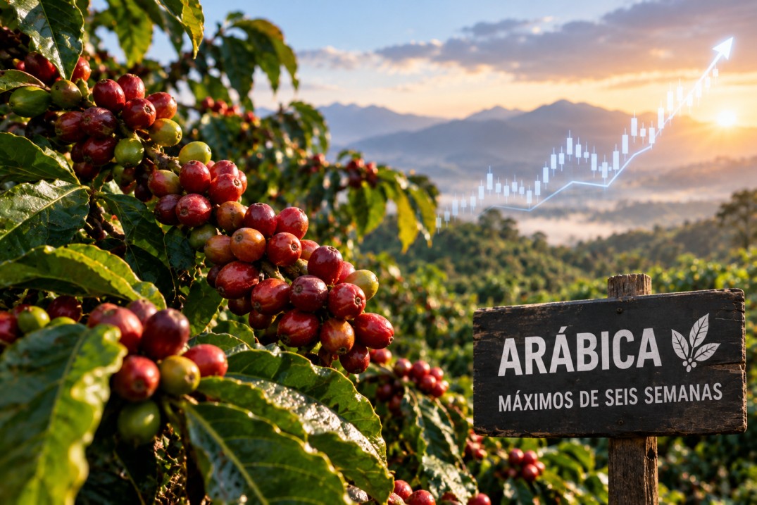 Cerezas de café Arábica en una plantación, en un contexto de incertidumbre climática para los mercados internacionales