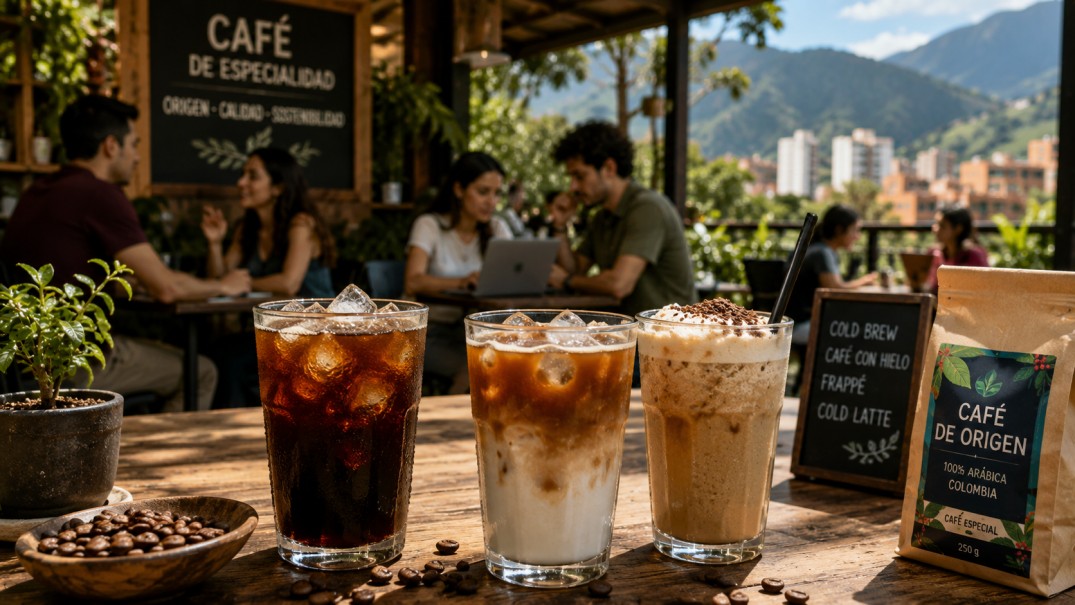 Bebidas de café frío servidas en una cafetería de América Latina