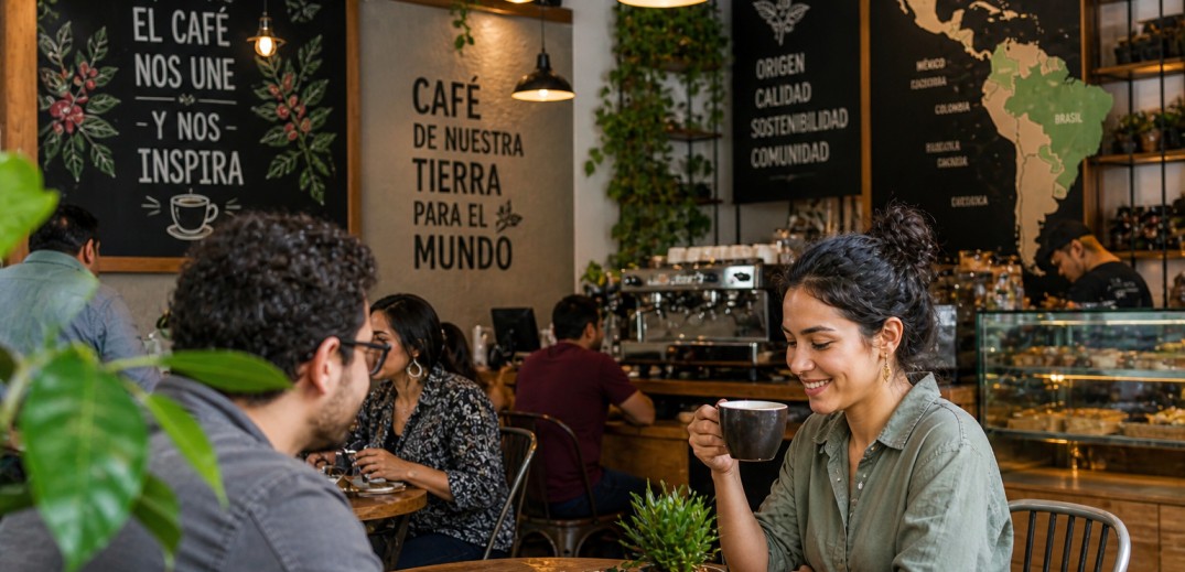 Personas consumiendo café en una cafetería en América Latina