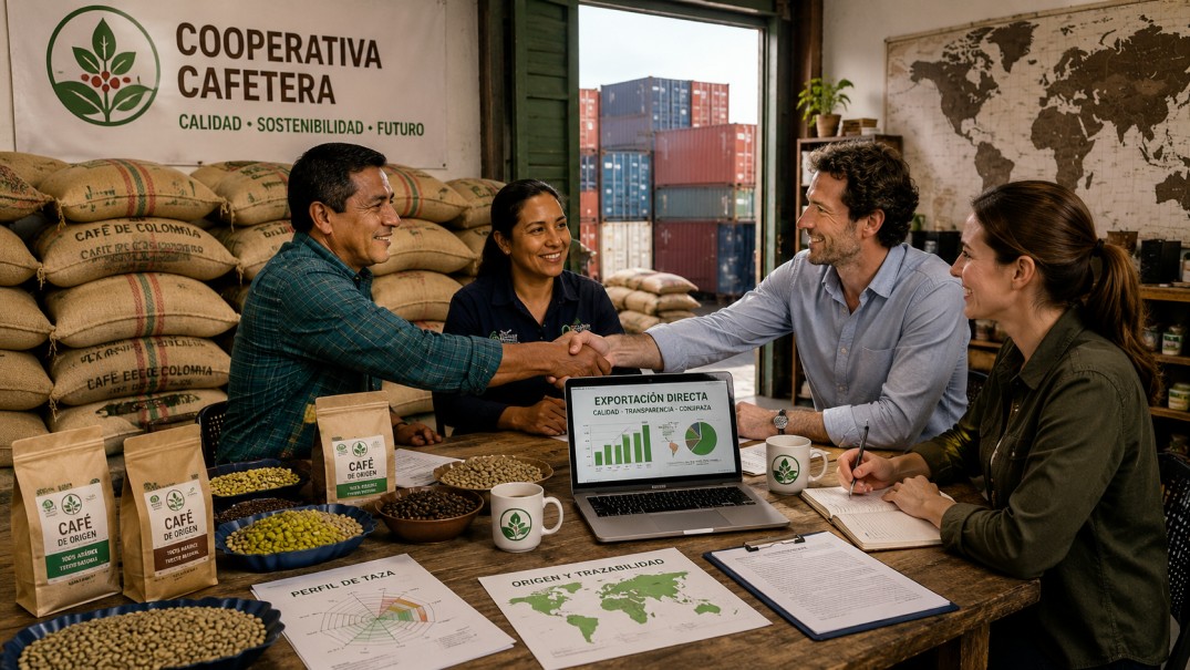 Representantes de una cooperativa cafetera negociando con compradores europeos