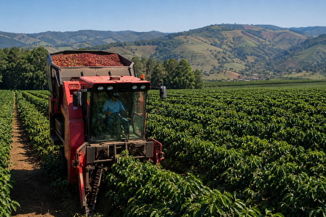 Máquina cosechadora de café trabajando en una plantación de Brasil