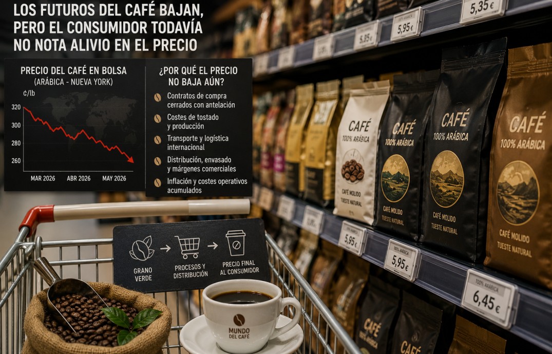 La evolución de los futuros del café no siempre se traslada de forma inmediata al consumidor final.