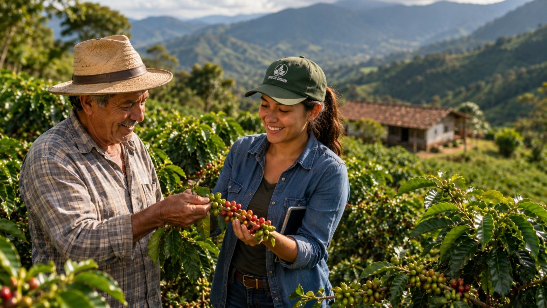 Jóvenes caficultores trabajando en una plantación de café en América Latina