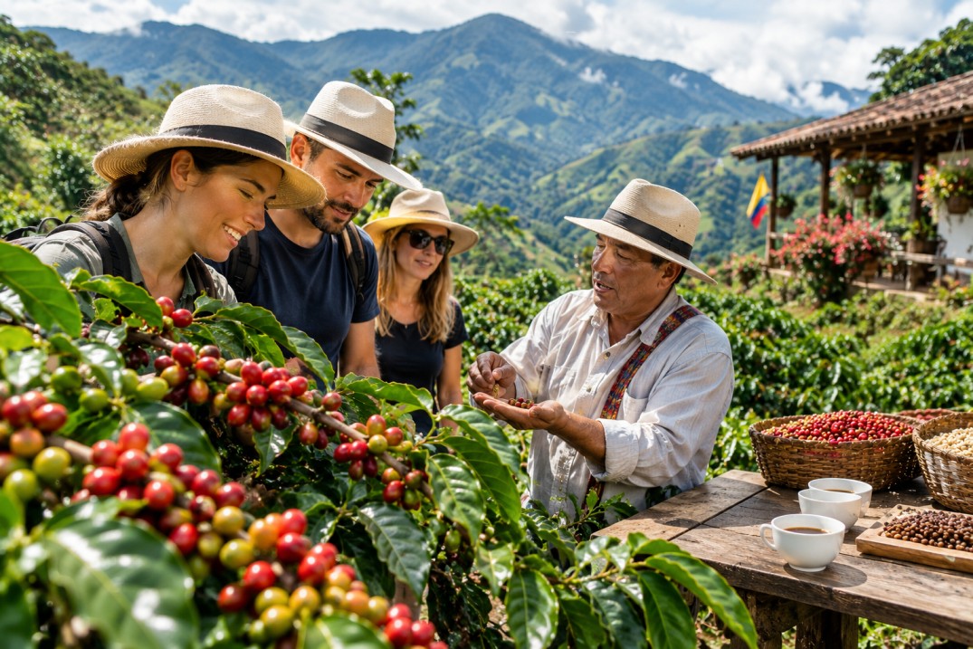 Turistas visitando una finca cafetera en una región montañosa de América Latina